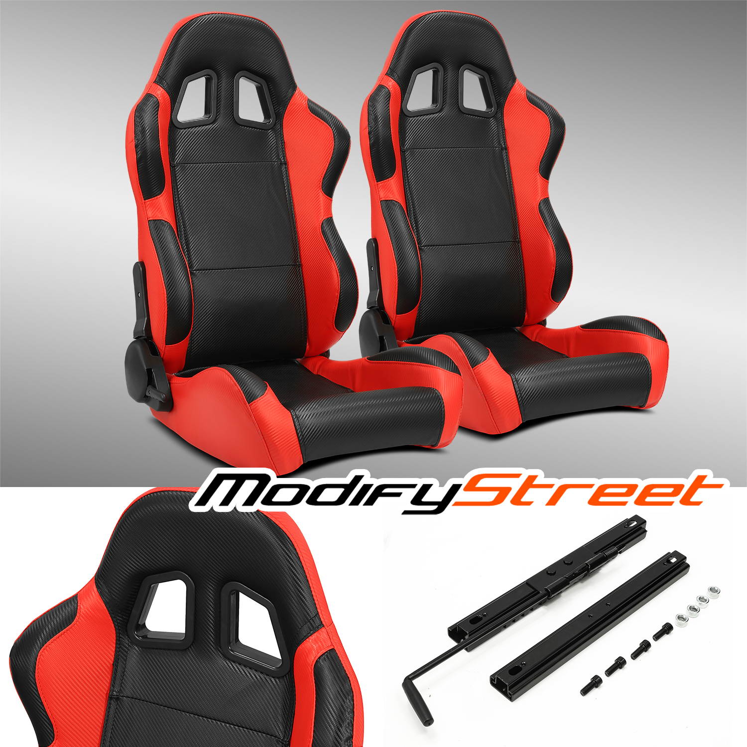 2 x BLACK/SIDE RED CARBON FIBER PVC LEATHER L/R RACING BUCKET SEATS
